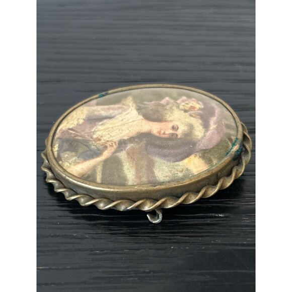 Antique Brooch Portrait of a Pompadour Lady Wearing a Hat Oval Frame Patina - Picture 3 of 10
